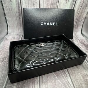 CHANEL Quilted Patent Leather Black Zippy Wallet w/ Box